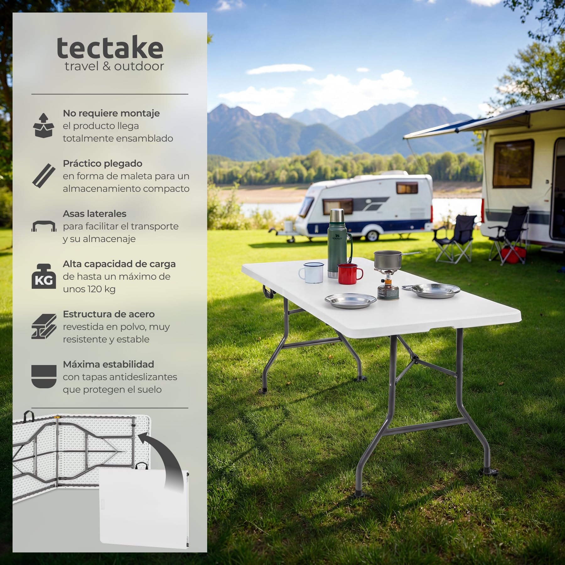 tectake® Mesa Plegable Camping Portatil 70 x 180 x 74 cm, Mesa Auxiliar Jardin, Mesas Plegables, Campismo, Asa de Transporte, Cierre de Seguridad, Carga 120 kg - Blanco