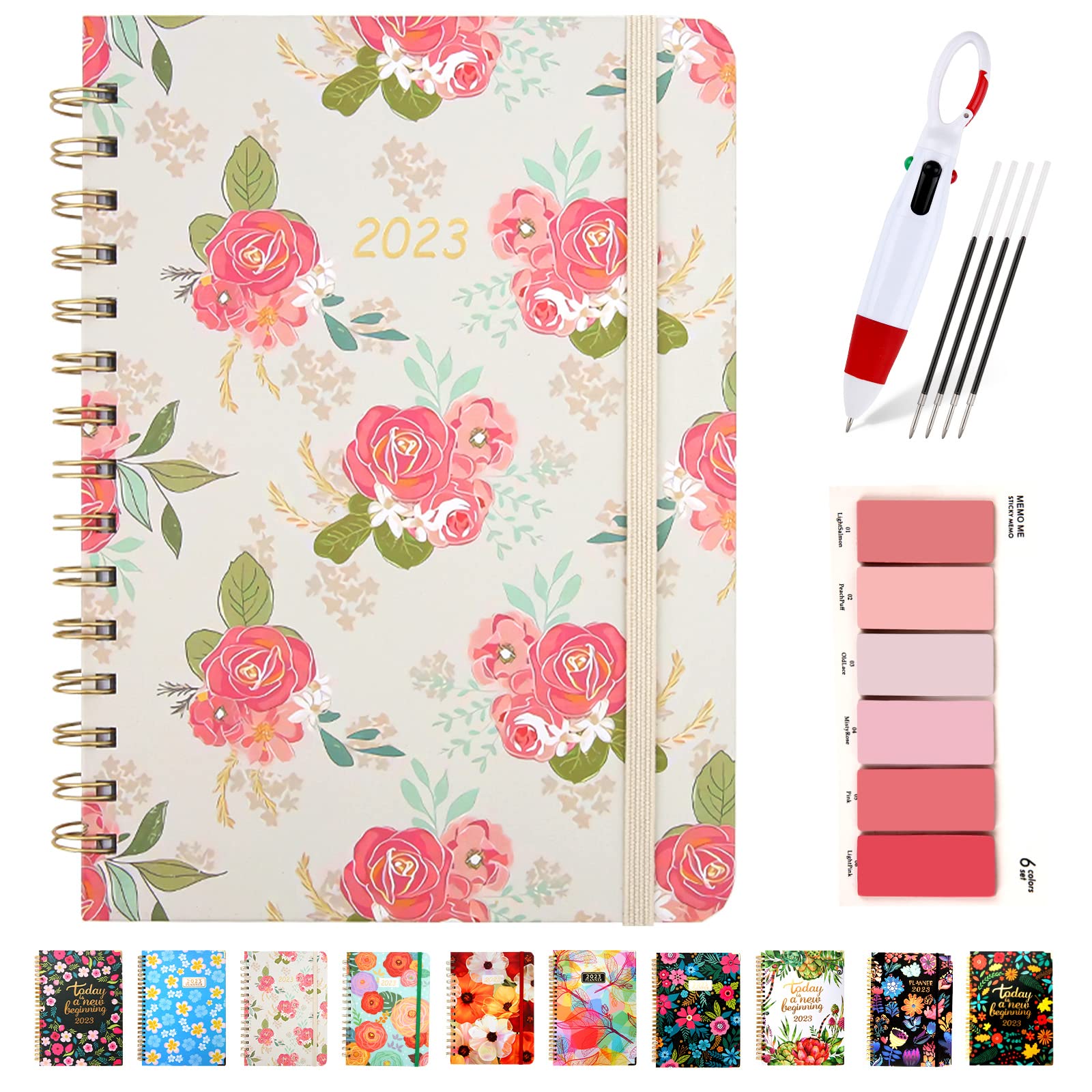Photo 1 of 2023 Planner, Weekly and Monthly Planner with Tabs, 6.2*8.5 inch, Jan 2023-Dec 2023, Personal Calendar Planner with 4-in-1 Retractable Ballpoint Pen and 4 Replacement Refills (black, blue, red, green), Sticky Note Set (Pink Rose)