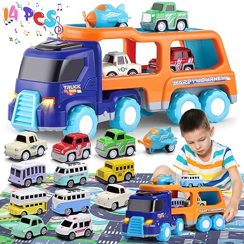 Camión transportador de automóviles de transporte para niños de 3, 4, 5, 6 años, 14 juguetes de fricción para niños de 4 a 7 años, regalo de