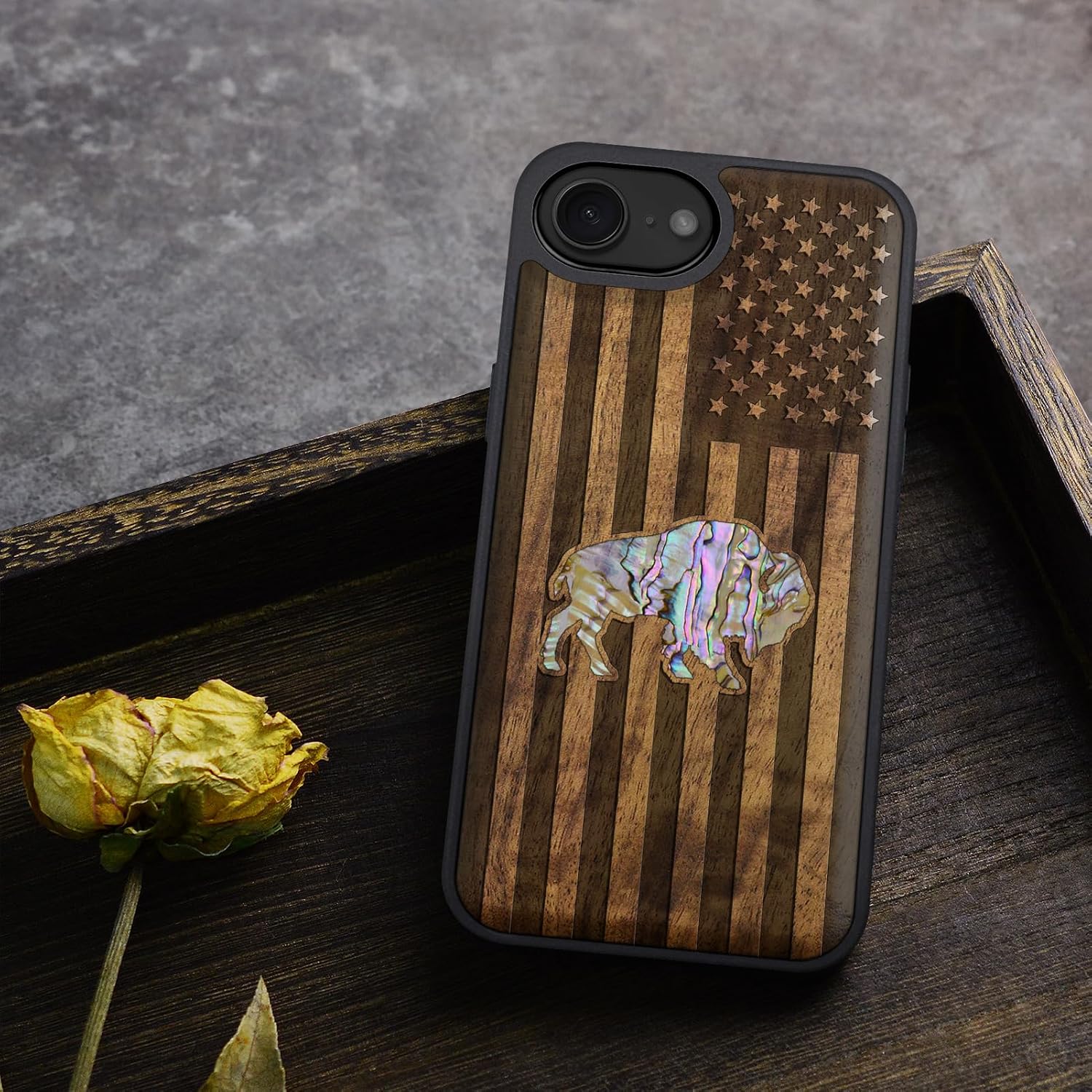 Carveit Magnetic Wooden Case for iPhone 16e / 17e, Wood Artisan Engraved & Handmade Shell Inlaid, TPU Shockproof Cover, Compatible with MagSafe Wireless Chargers, American Flag, Bison - Walnut