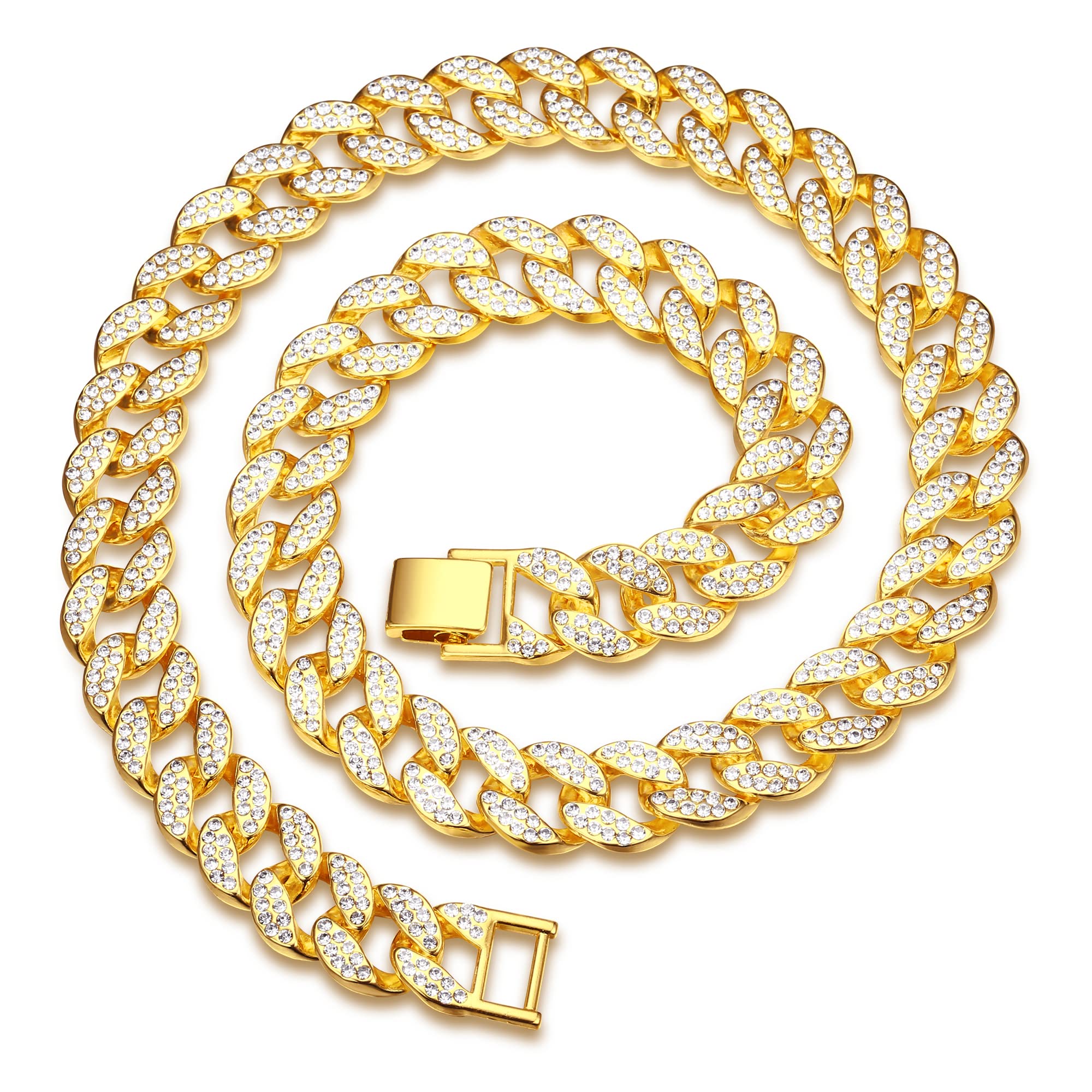 RoheaferCuban Chain for Men Women Iced out Diamond Chain 18K Gold/Silver Plated 15mm Miami Cuban Link Chain Necklace Bracelet Hip Hop Jewelry