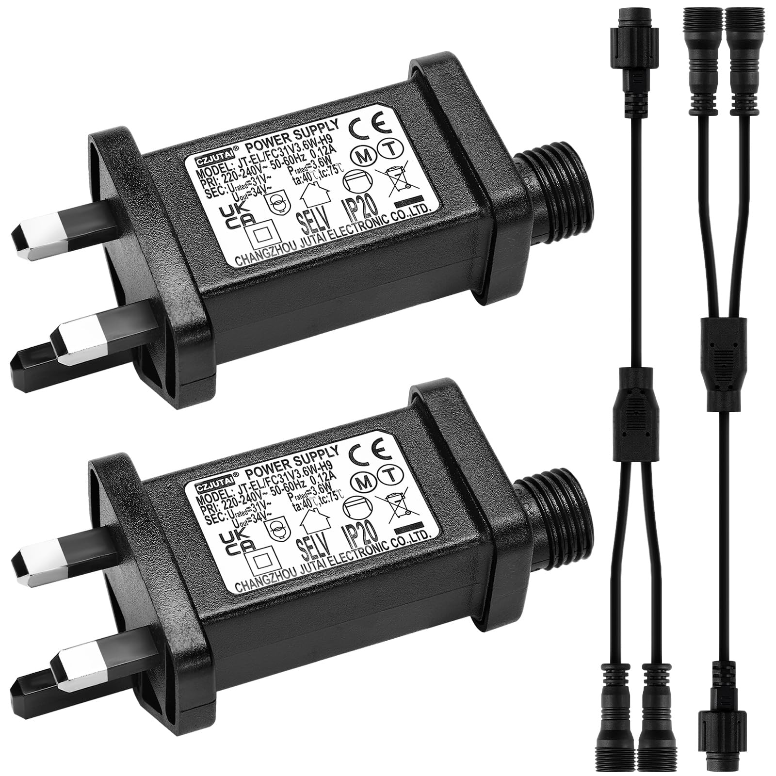 2 Pcs 31V Replacement Power Supply with 2 Y Shape Spillter Connector LED Controller 8 Modes 8 Hour Timer Power Adaptor for Christmas Fairy Lights Icicle Lights (3.6 W, 1 Male Divided 2 Female)