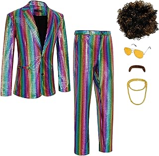 Men's 70s Disco Costume Shiny Metallic Sequin Suits Set Prom Party 2 Piece Outfits - Buy now