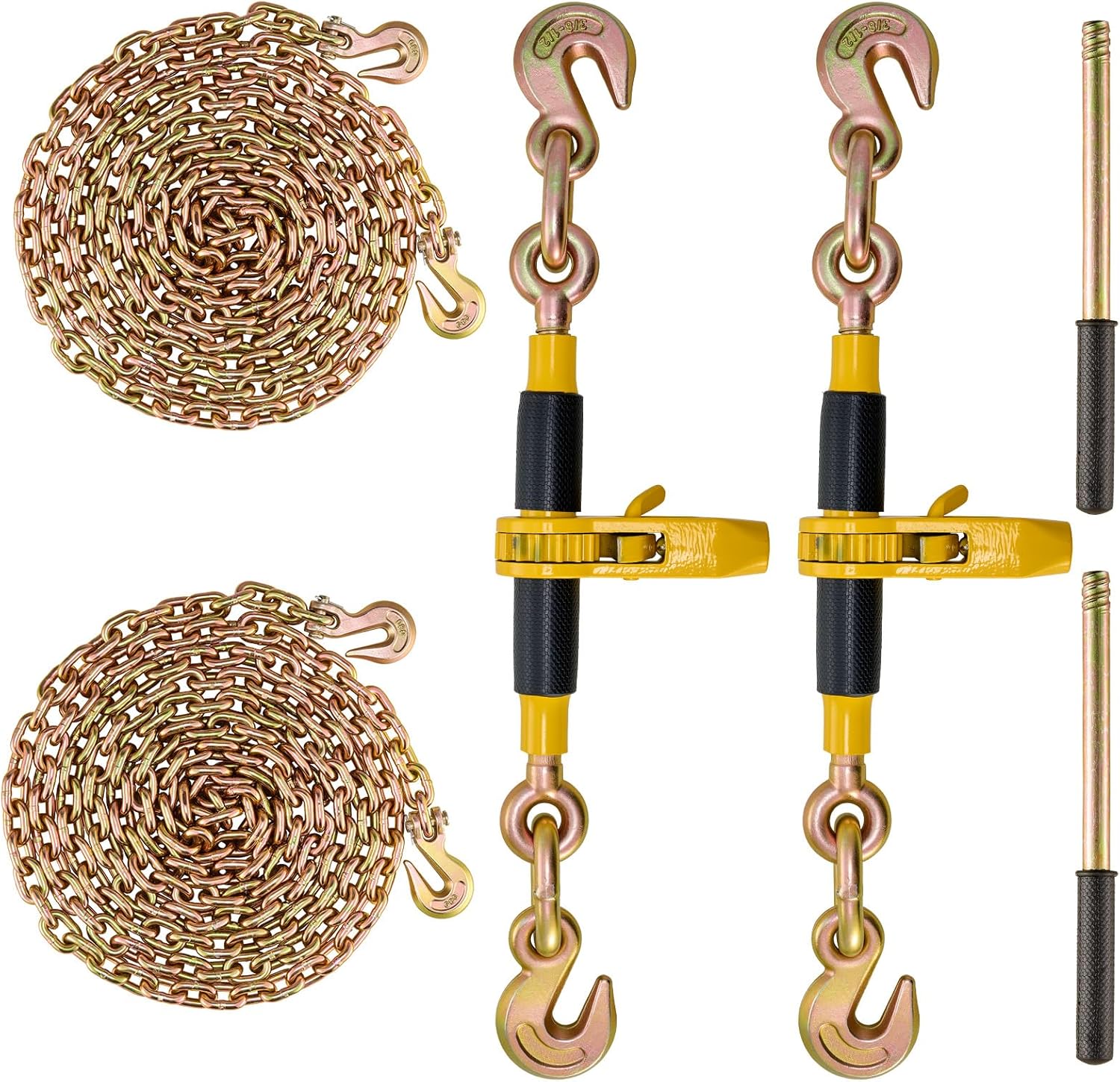 VEVOR Ratchet Binder with 5/16-3/8 inch, 7100 lbs Load Limit G80, Detachable Anti-Skid Handle, Tie Down Hauling Binders for Flatbed Truck Trailer, 2 Set Black & Yellow