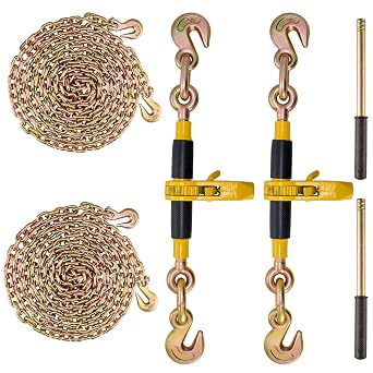 VEVOR 3/8-1/2 Ratchet Chain Binder with Chain, G80 12000 lbs Secure Limit, Heavy Duty Load, Labor-Saving Anti-Skid Handle, Tie Down Hauling Chain Binders for Flatbed Truck Trailer, 2 Set & Yellow