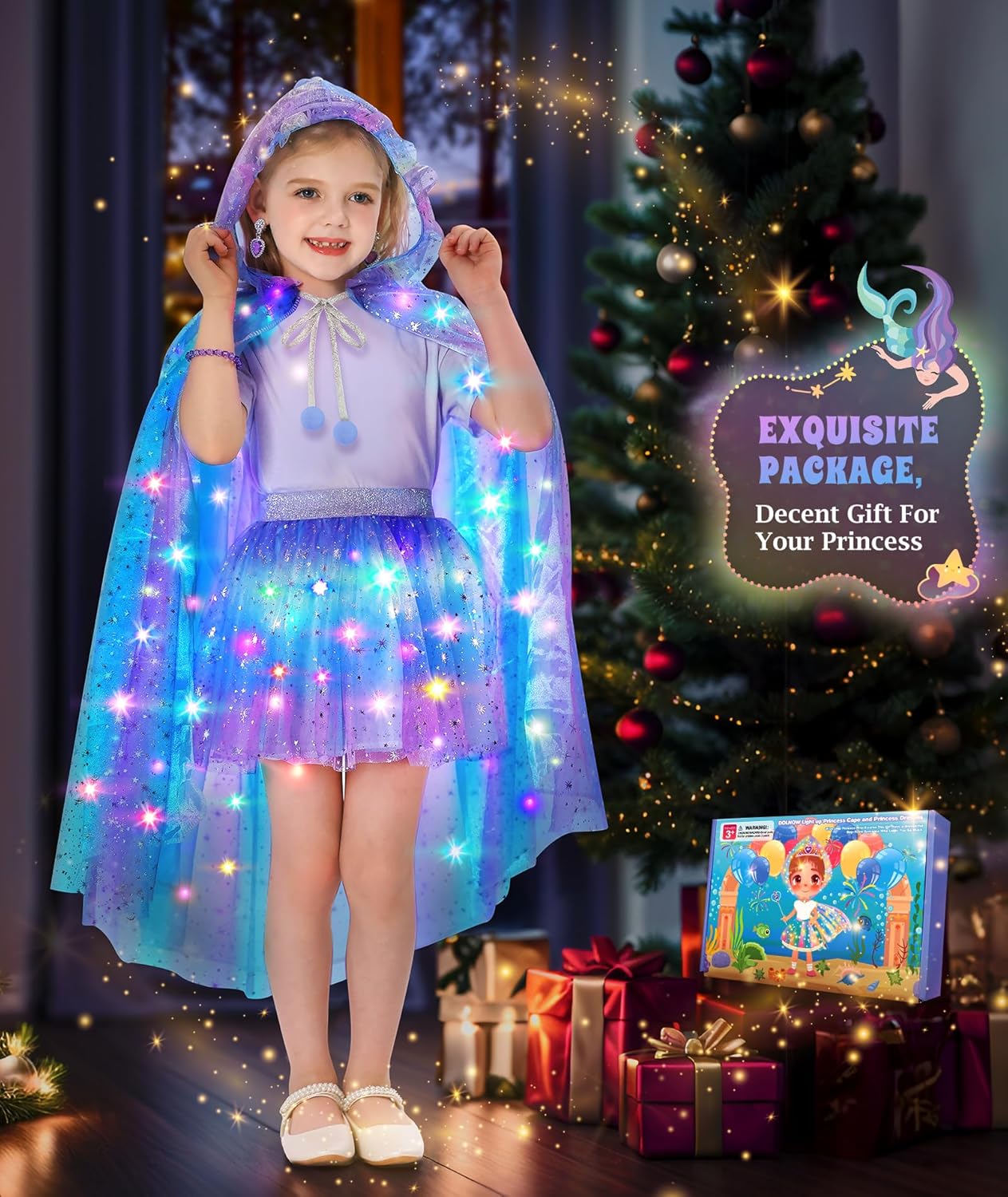 Princess Dress Up for Girls, Unicorn Light up Princess Cape Princess Dress Costume Crown Gift for Girls 3 4 5 6 - Image 5