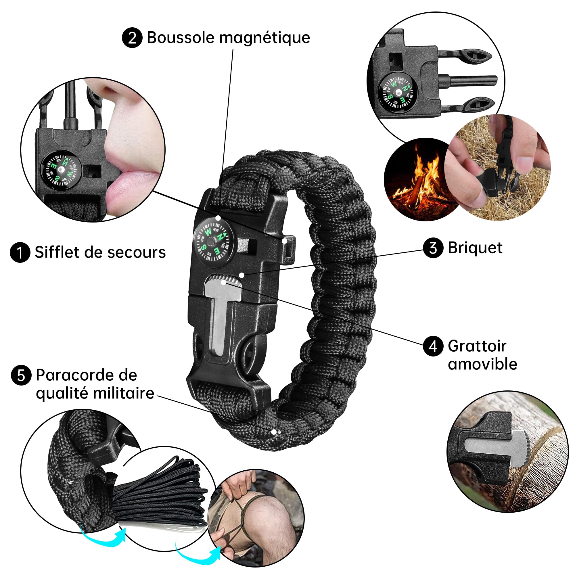 Plys Couteau de Survie Lame Fixe: Full Tang Couteau D'ExtéRieur Acier M390, Manche en Bois Avec éTui en Cuir, Dragonne en Paracorde, Cadeau Pour Homme,Adapté au Camping et à la Randonnée