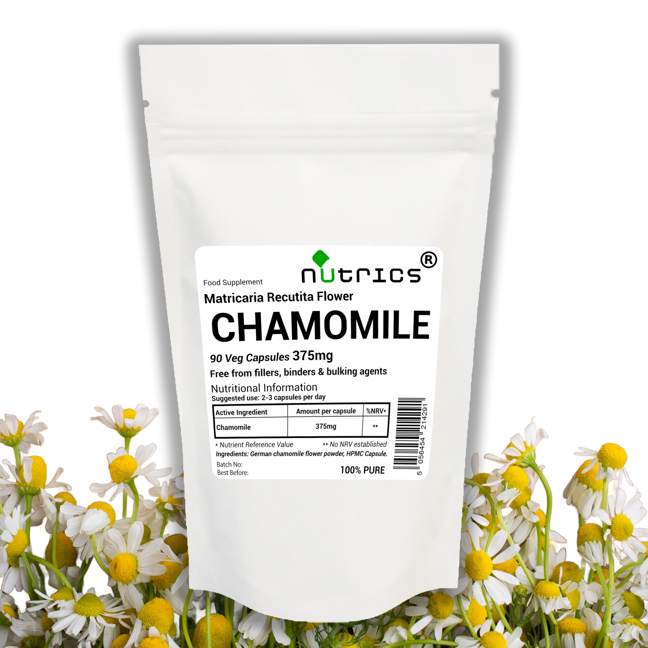 375mg Chamomile x Pure 90 Vegan Capsules (1 Month Supply) Manzanilla Kamille Matricaire Camomilla- Suitable for Vegan Vegetarian