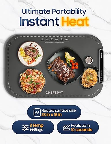Miniatura 2 de Tapete plegable para calentar alimentos, bandeja eléctrica de buffet de 24 x 15 pulgadas con 3 ajustes de calor, apagado automático, placa caliente