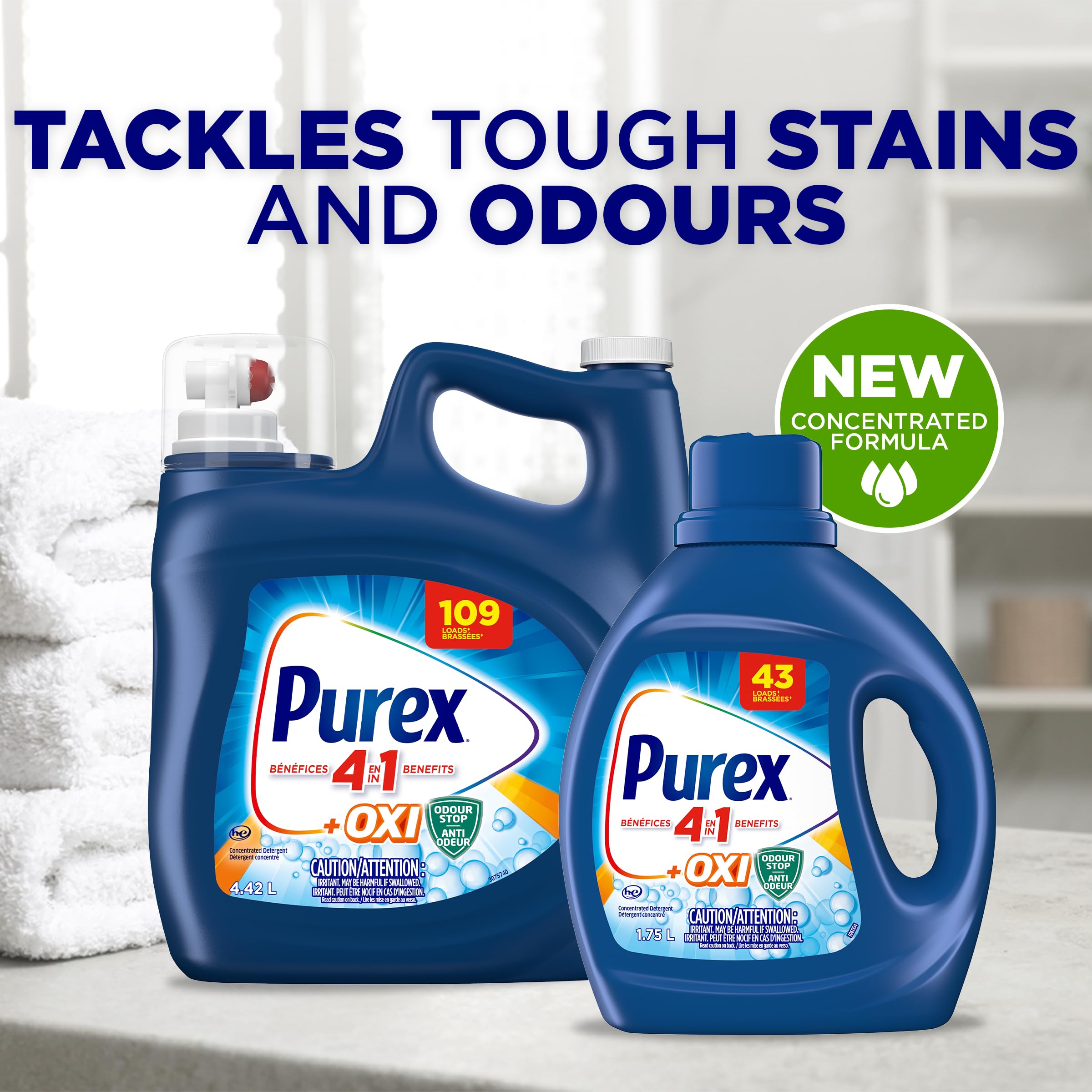Purex Plus Oxi, Concentrated Liquid Laundry Detergent with 4in1 benefits, Tough on Stains, Brightens and Whitens Clothes, 4.42L, 109 Wash Loads, HE Compatible - 4