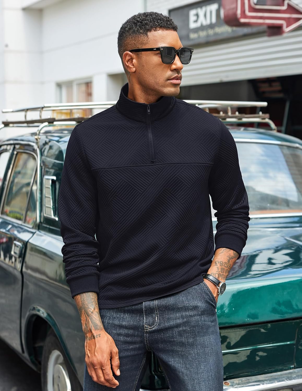 COOFANDY Mens Quarter Zip Sweatshirt Casual 1/4 Zip Pullover Business Casual Polo Sweatshirt Winter Tops Navy Blue - Image 3