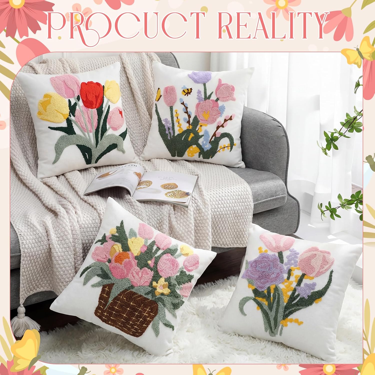 Mixweer 4 Pcs Mother‘s Day Gift Tulip Pillow Covers Set, 18 x 18 Inch Embroidered Spring Pillow Cases, Tulip Flowers Spring Style Square Throw Cushion Cover for Couch Sofa Bed Home Decoration