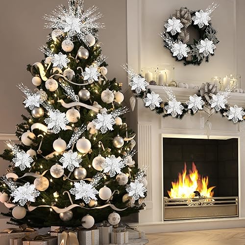 Miniatura 5 de Juinte 48 adornos para árbol de Navidad, 24 flores de pascua de Navidad (346 pulgadas), 24 varillas artificiales de purpurina con tallos de bayas