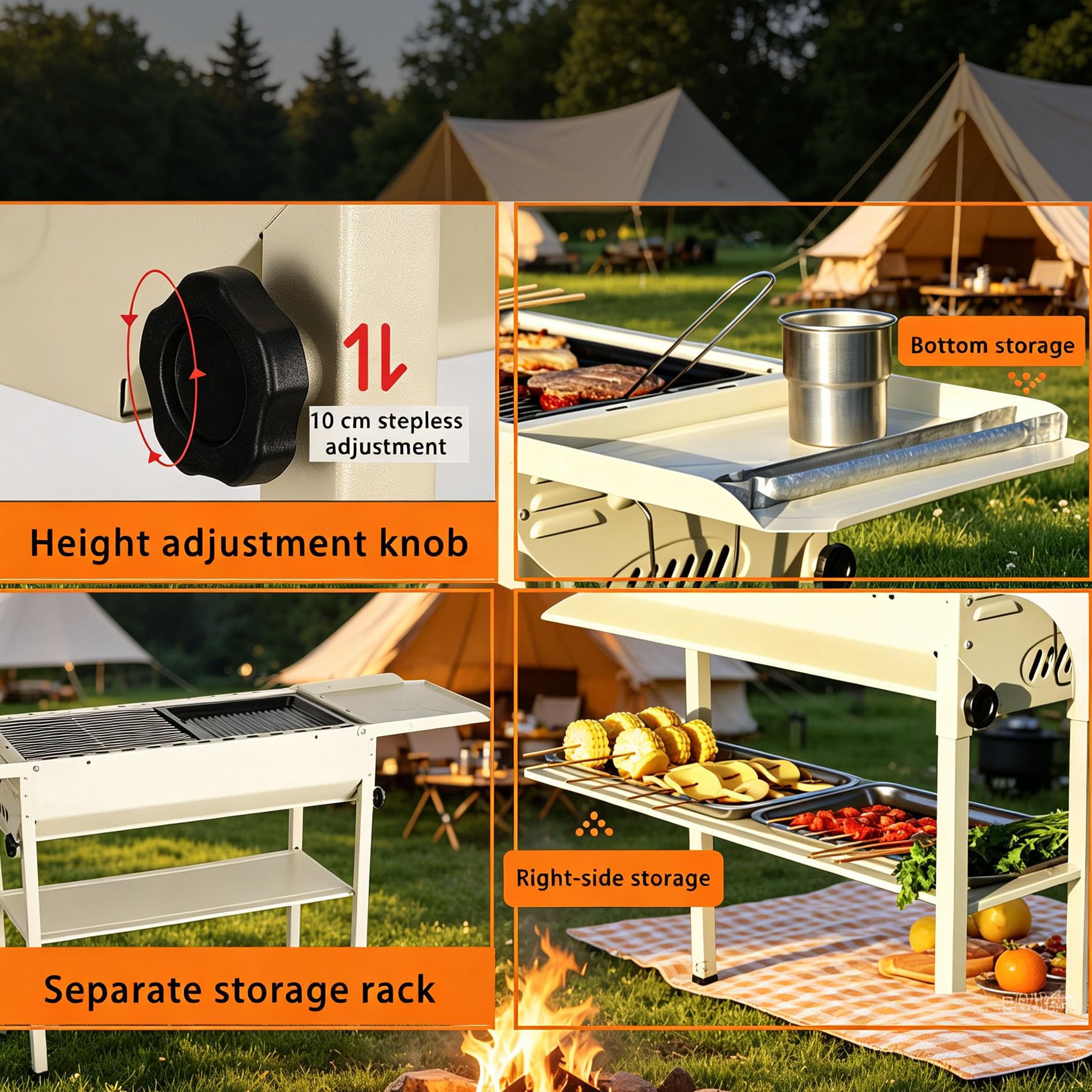 Grill BBQ 2 w 1, składany przenośny grill węglowy z wiatroodporną konstrukcją i tacami do przechowywania na kemping na świeżym powietrzu i do ogrodu