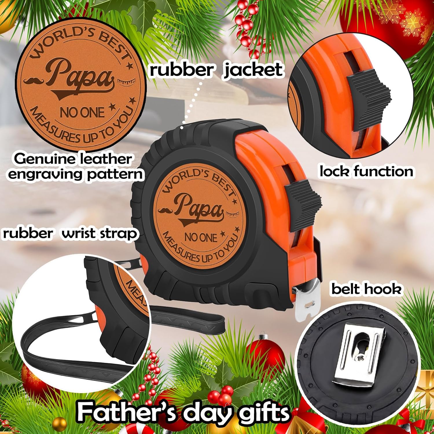 Fathers Day Papa Gifts, Genuine Leather Engraved 25 FT Tape Measure Tool Gifts for Men Father's Day Dad Gifts Christmas Gift Birthday Xmas Stocking Stuffers for Men image 2