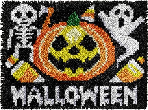 veirousa Halloween Pumpkin Gohst Latch Hook Kits for Adults Kids Beginners Skull DIY Latch Hook Rug Kit Pre-Printed Hook and Latch Carpet Making Kits Cross-Stitch Wall Hanging Crochet Set 20x15 Inch