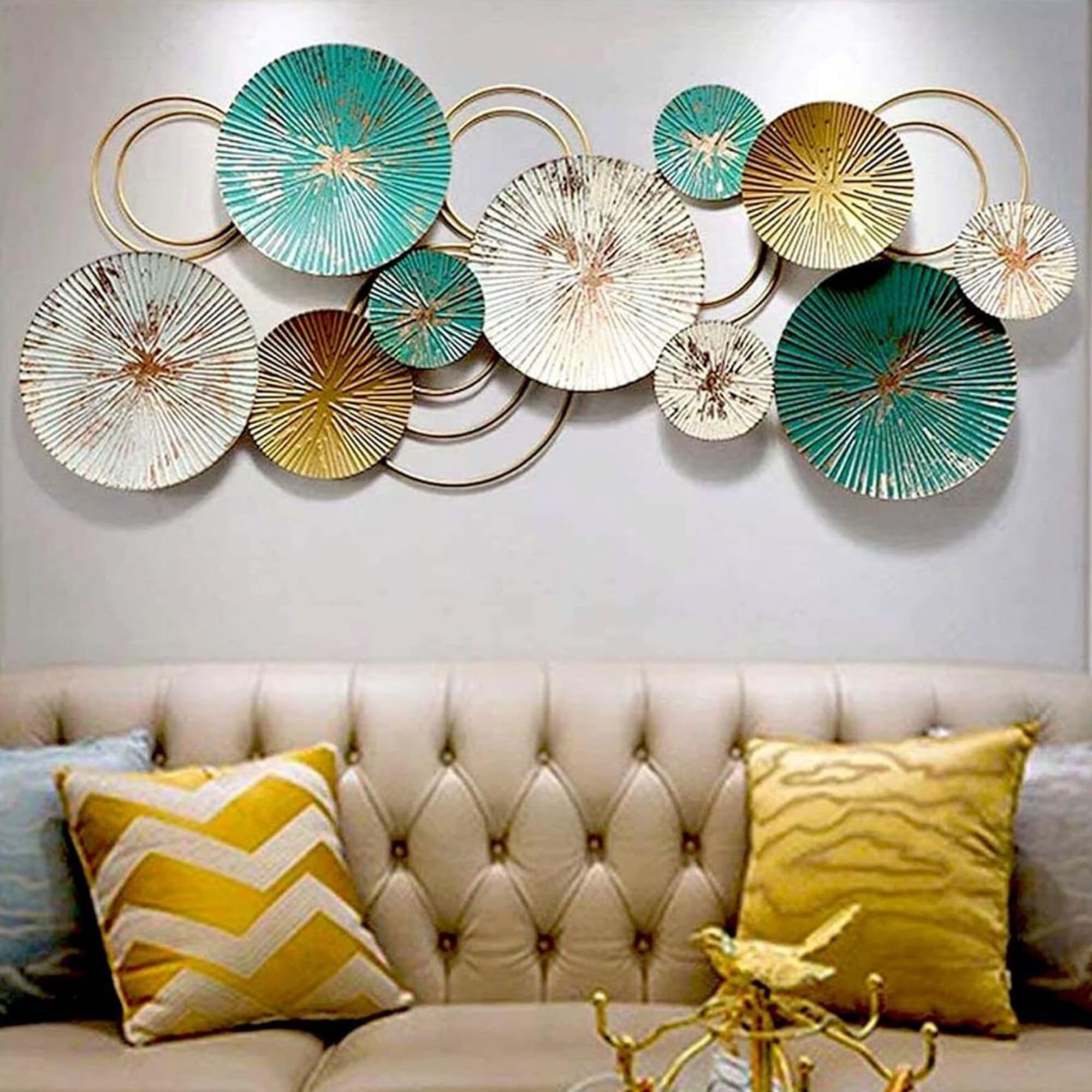 URBAN INSPIRATIONS Decorative Metal Wall Art for Living Room, Bedroom & Hall | Modern Abstract Iron Wall Hanging Décor | Handmade Premium Wall Sculpture for Home, Office & Hotel | Turquoise, White & Gold | 30 x 11 Inch-image-43