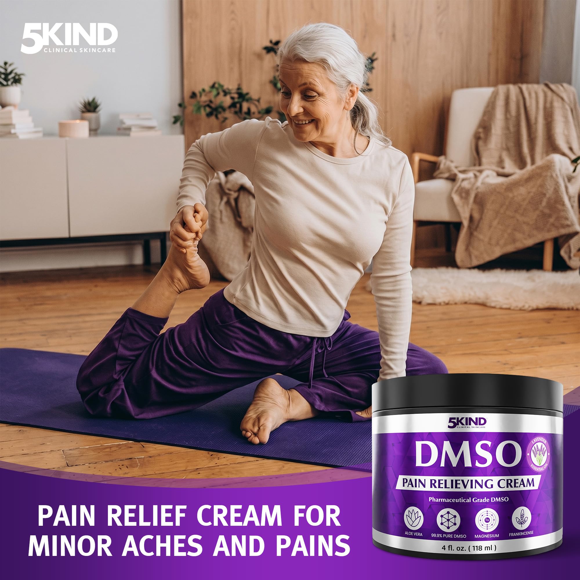 5Kind DMSO Cream for Pain Relief with Frankincense & Lavender 4 fl oz - 99.9% Pure DMSO Pharmaceutical Grade Cream - Aloe Vera, Magnesium & Arnica - Topical Muscle and Joint Pain Relief - Made in USA — Amazon image 3