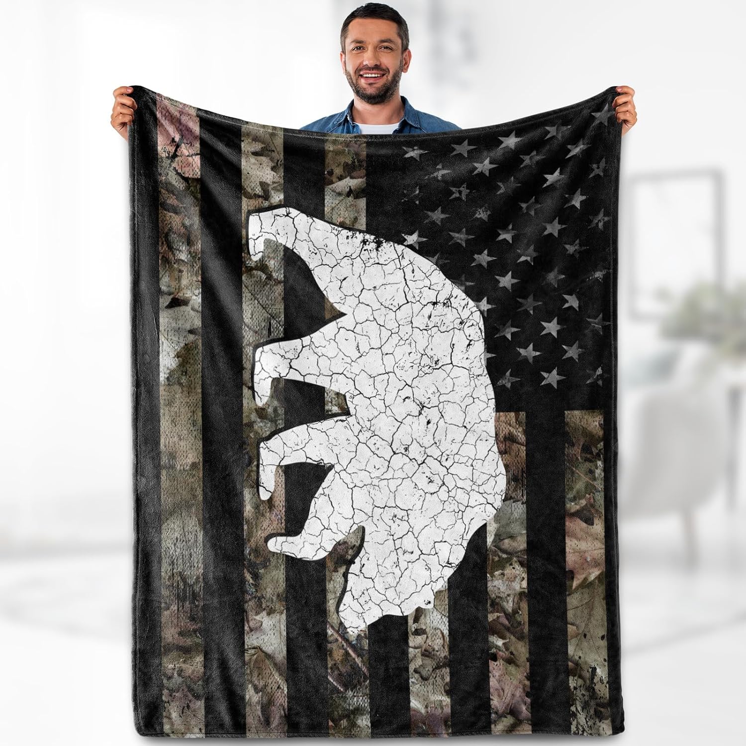 American Flag Bear Blanket Gifts - Hunting USA Country Leaf Rustic Camo Theme Throw for Women Kids Men Adults Bedroom Decor Soft Cozy Bed Birthday Christmas Lightweight Blanket 60"x80"