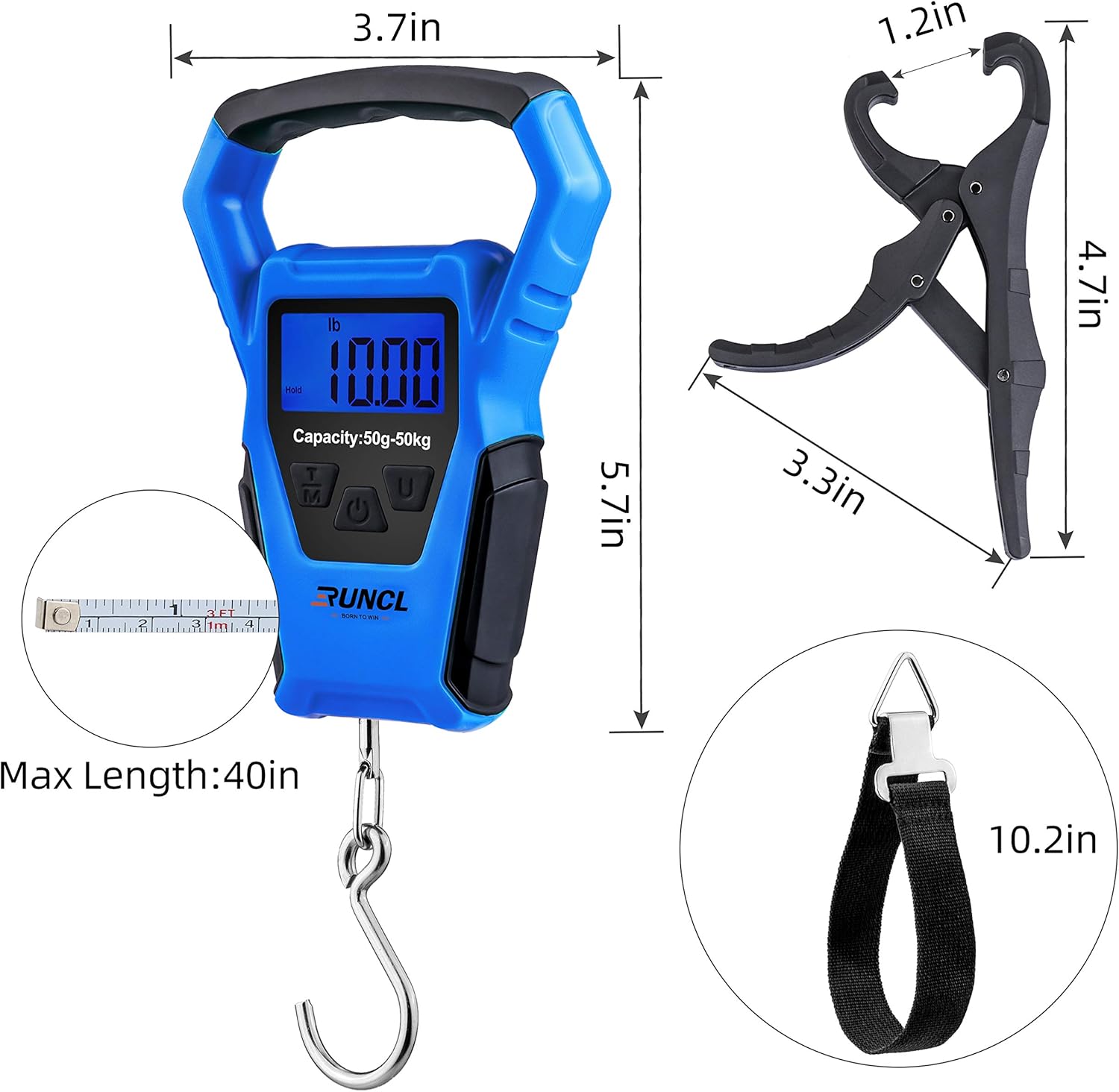 RUNCL Waterproof Fishing Scale with Fish Lip Gripper, Digital Fishing Scale with Ruler, Weight Scale 110lb/50kgs - Backlit LCD Display, Memory Storage & Summation - Hanging Scale (Blue) : Sports & Outdoors