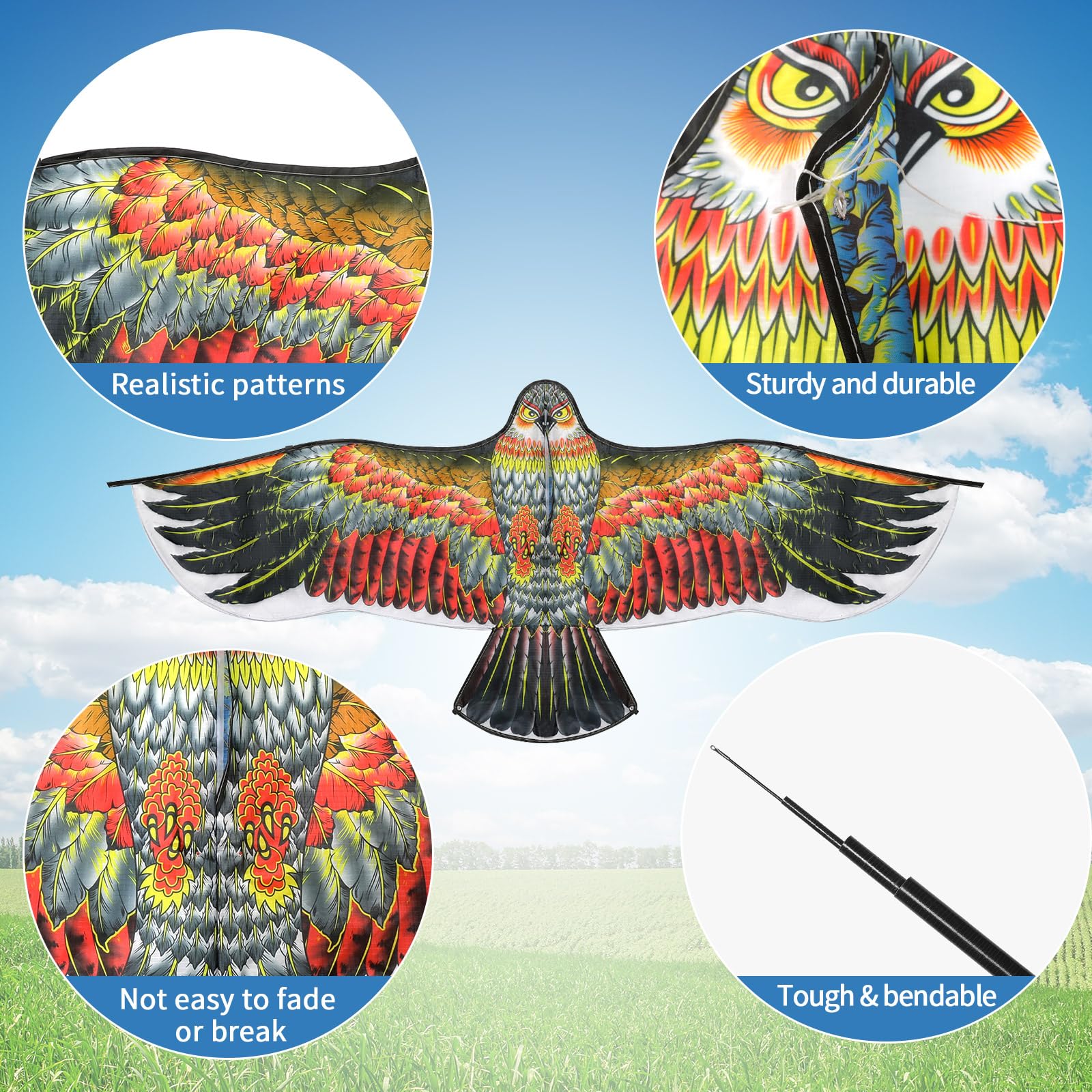 Qualirey Bird Scaring Eagle Flying Kite Bird Scarer Flying Kite Crops Farm Protector Simulated Eagle Scare Device with 12.63 ft Pole for Outdoor Home Yard(Beige Gold, Beige Gray,2 Sets)