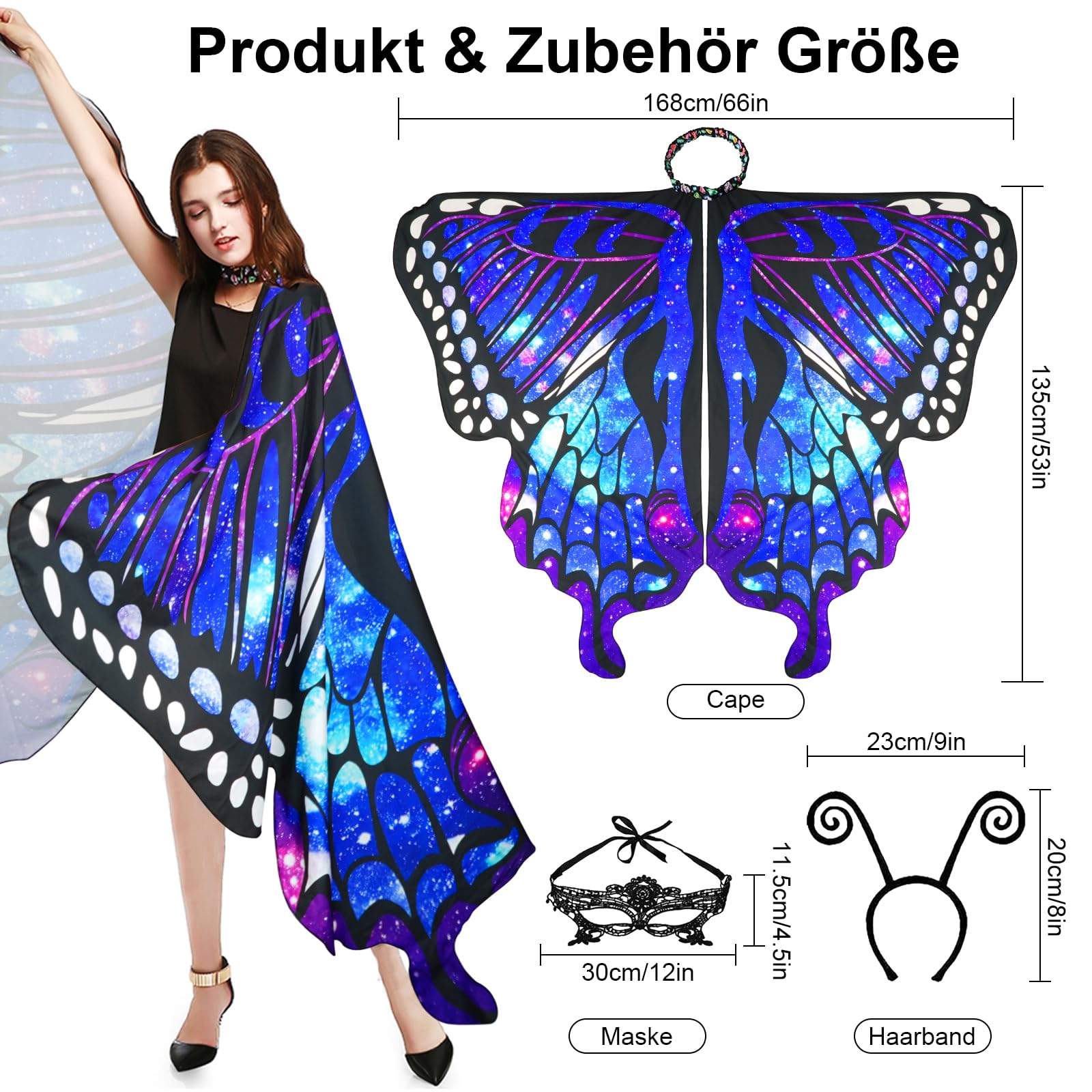 Sunlisky Butterfly Costume Women's Wings Butterfly Wings Adult Girls Fancy Dress Costumes Women's Cape Fancy Dress Butterfly Costume Accessories Set of 3 with Face Mask Sensor Butterfly Headband - Image 2
