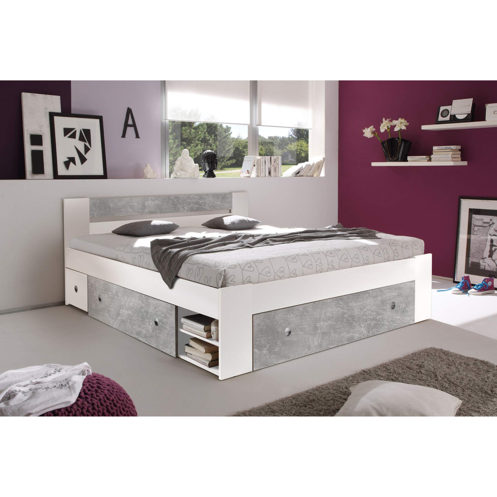 STEFAN Moderne Doppelbett Bettanlage 140 x 200 cm mit 2x Nachtkommoden - Schlafzimmer Komplett-Set in Beton-Optik, Weiß - 145 x 86 x 204 cm (B/H/T)