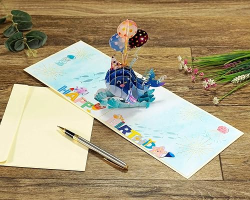 Miniatura 6 de ETA Tarjetas desplegables 3D de delfines y globos de feliz cumpleaños para amantes de los animales o amantes de los animales, tarjeta de cumpleaños
