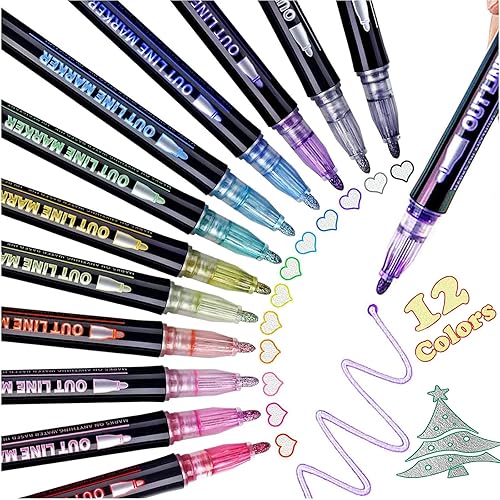 Juego de marcadores brillantes de 12 colores, Doodle Dazzles Shimmer Marker Set, marcadores de doble línea para bolígrafo con contorno propio, para