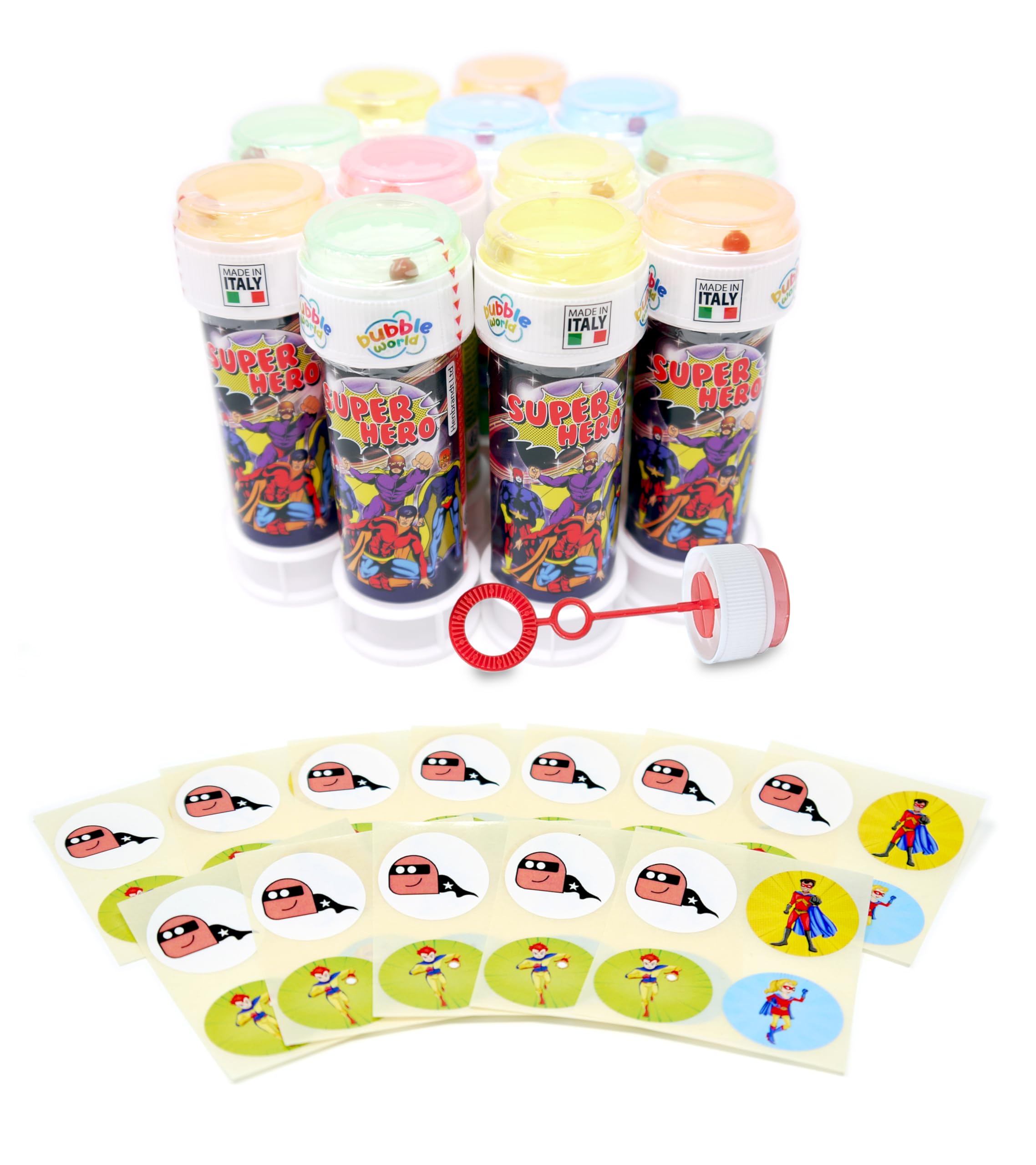 Anila's Themed Bubble Tubs with Wand & Stickers for Party Bag Fillers and Party Favours for Children -36 Superhero Bubble Tubs & 36 Sheets of Anila's Superhero Stickers. (Ideal for Children Aged 3-8)