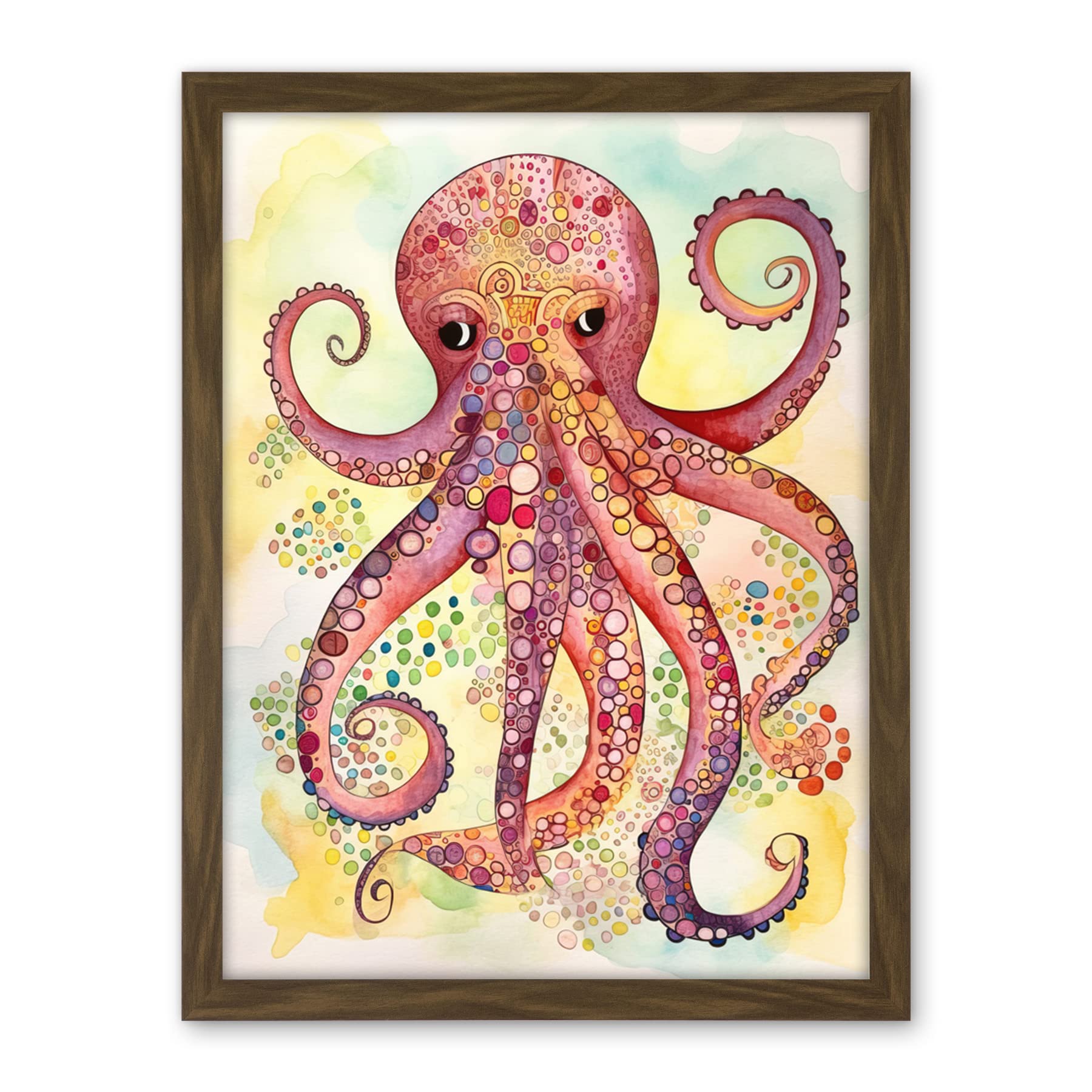 Artery8 Octopus Portrait Bright Folk Art Watercolour Painting Artwork Framed Wall Art Print 18X24 Inch