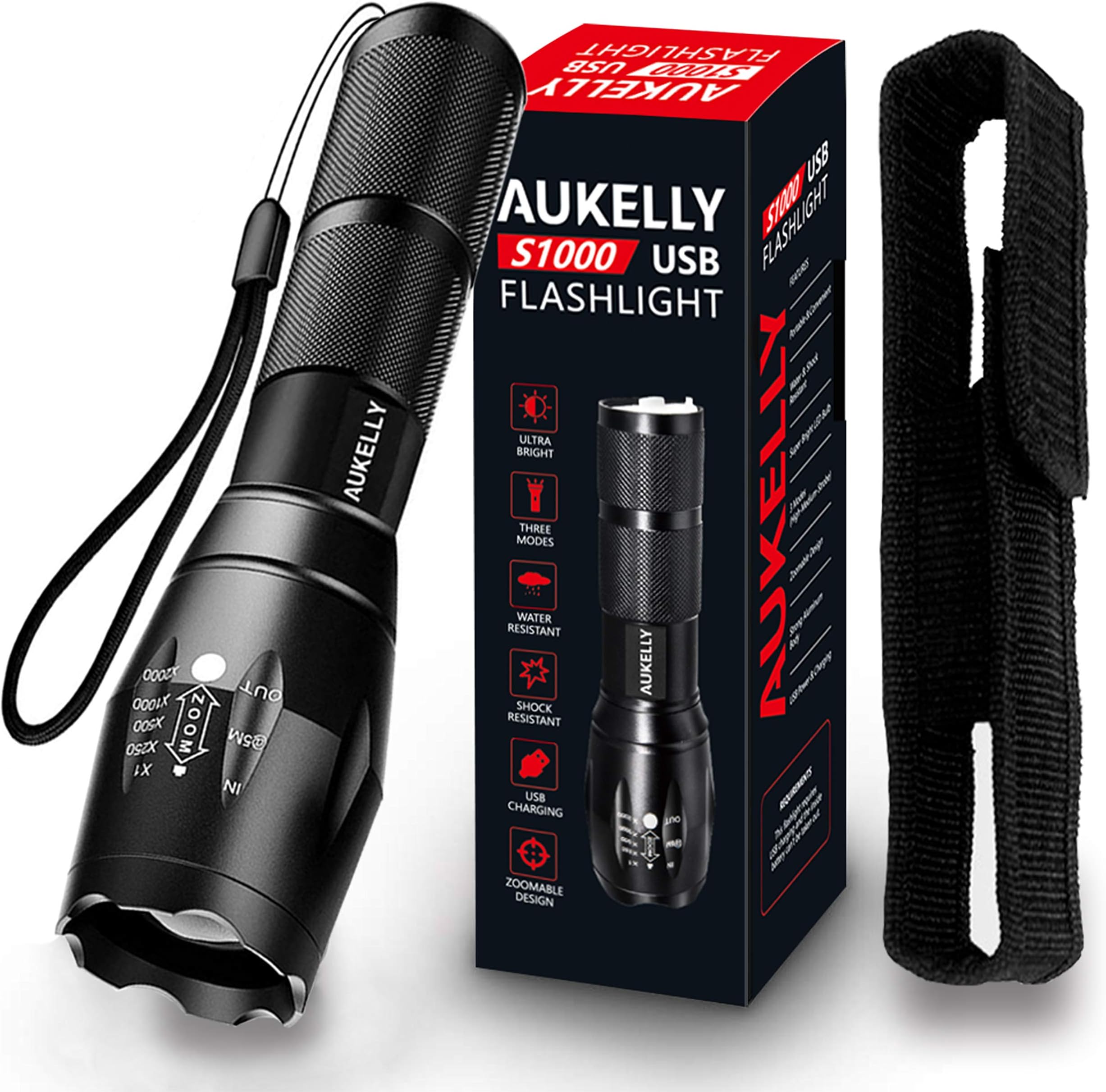 Aukelly Torch LED Flashlight USB Rechargeable Torches LED Super Bright 1000 Lumens,USB Rechargeable Tactical Torch,Waterproof,3 Modes,LED Torches for Camping,Emergency,18650 Battery Included [Energy Class A+++]