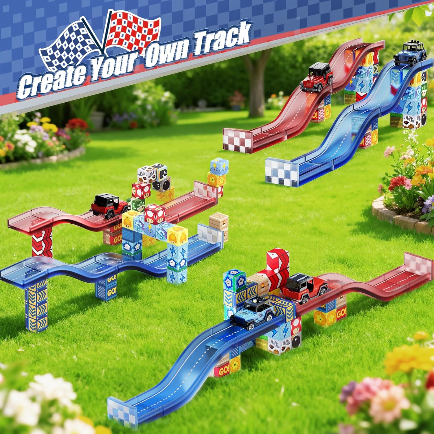 Magnetic Tiles Race Track Set, 52PCS STEM Educational Magnetic Building Blocks with 2 Race Cars, Montessori Sensory Travel Toys for Kids 3 4 5 6 7 8, Birthday for Boys & Girls