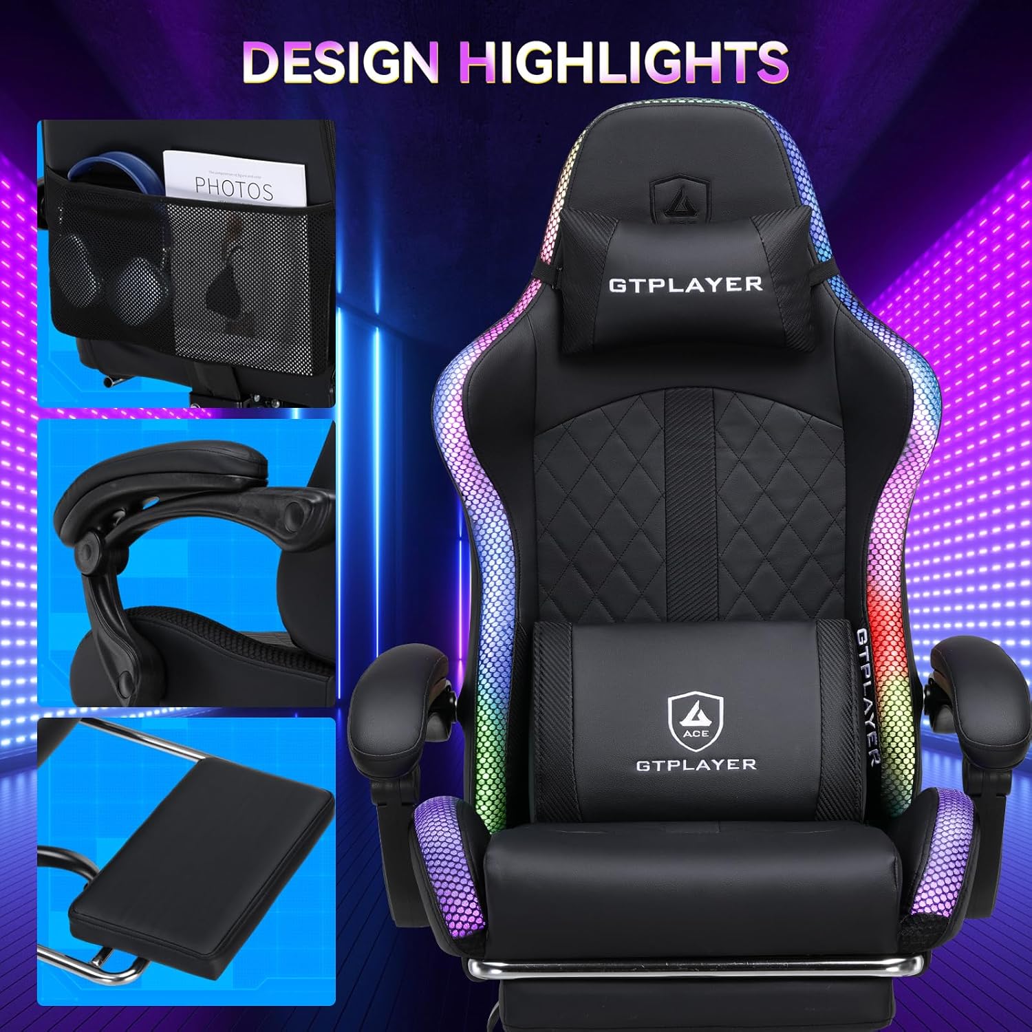 GTPLAYER RGB Gaming Chair with Speakers - LED Computer Game Chair for Adults, PC Home Office Chairs with Footrest & Lights, Reclining Desk Chairs, Dark Black
