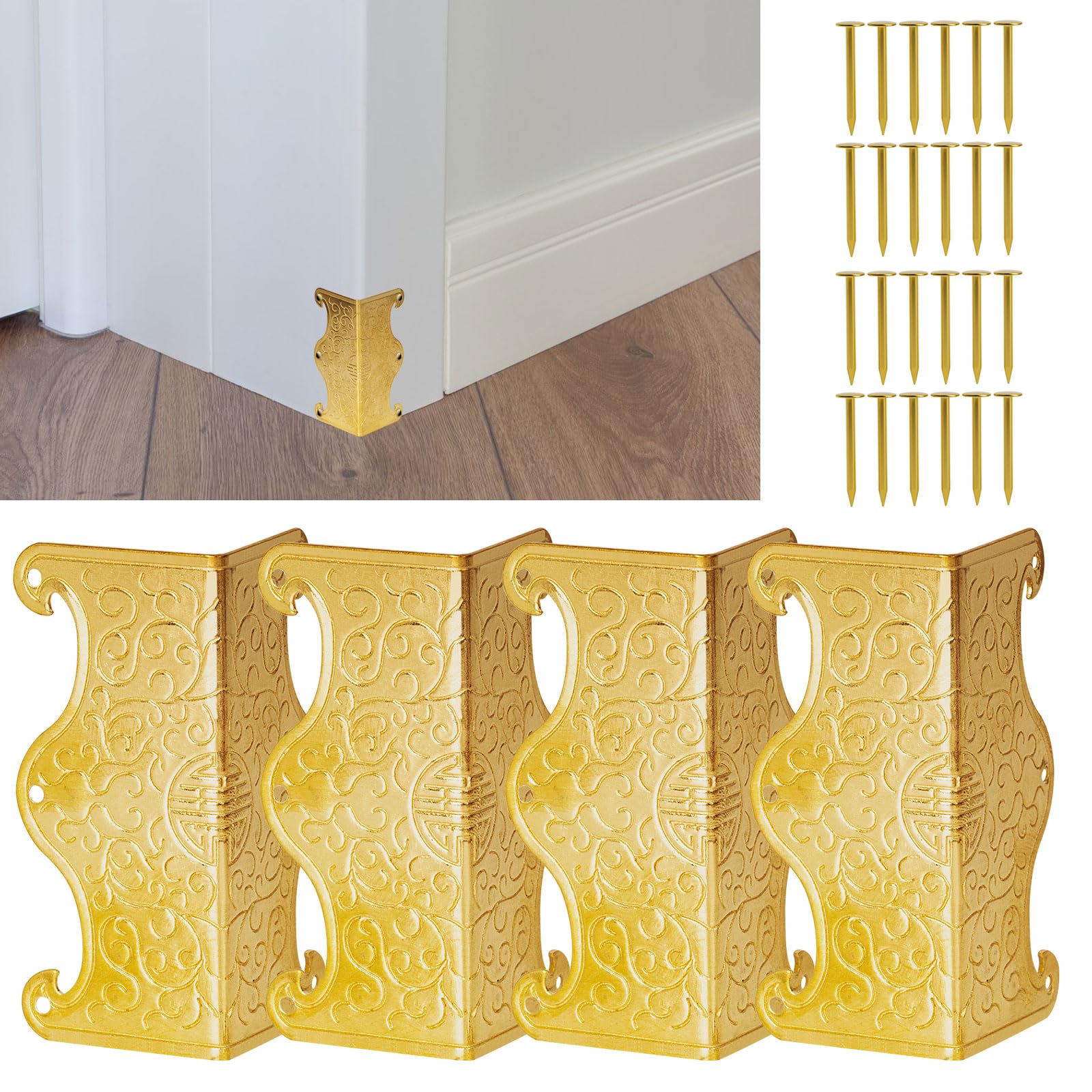 4 Pcs Baseboard Corner Protectors,Vintage Metal Skirting Board Corner Protectors for File Boxes,Bookshelves,Wooden Cases,Jewel Cases Decorative (Gold)