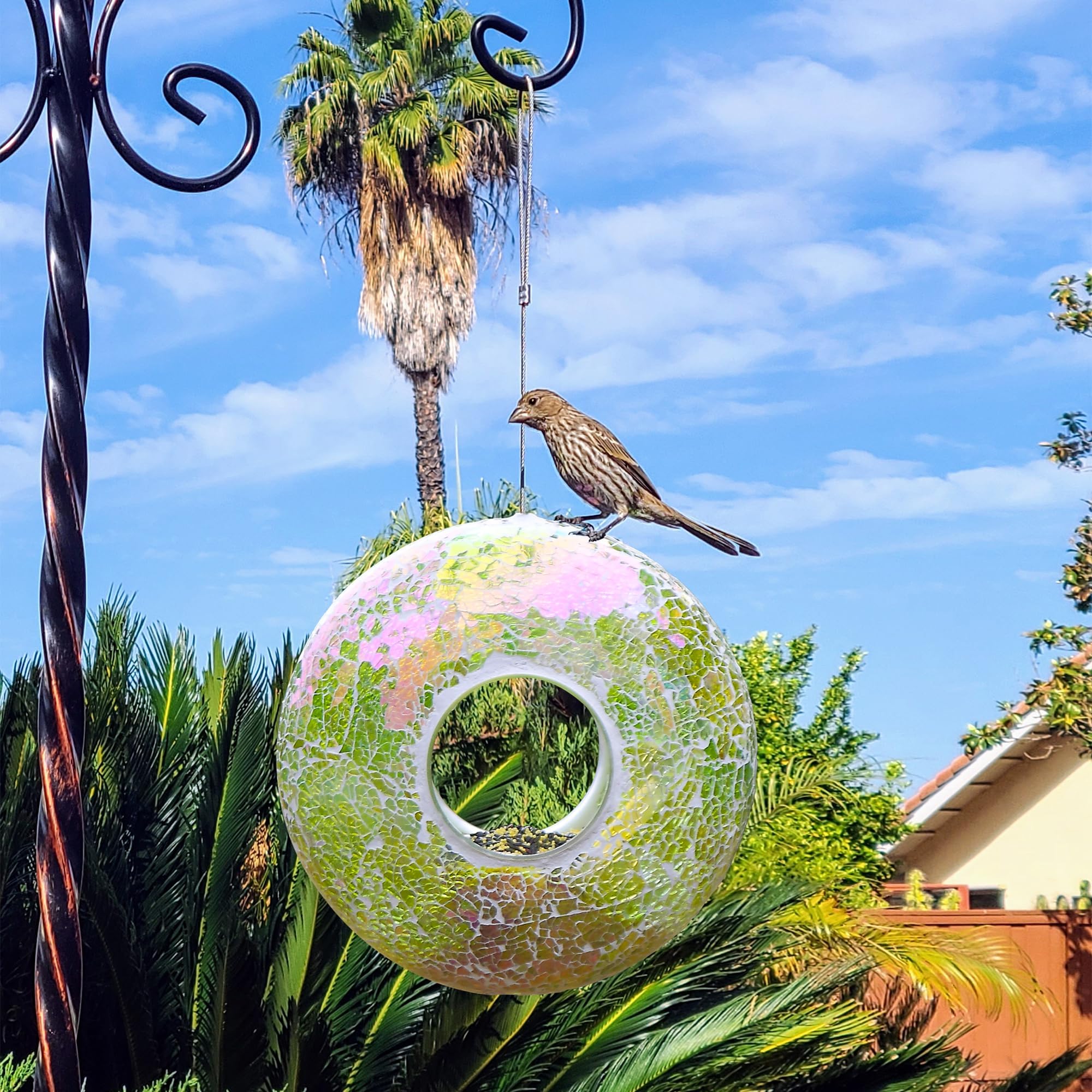 DUSVALLY Vogelfutterstation Aus Glas – Mosaik-Design, 22,9 Cm, Hängend, Für Garten & Balkon