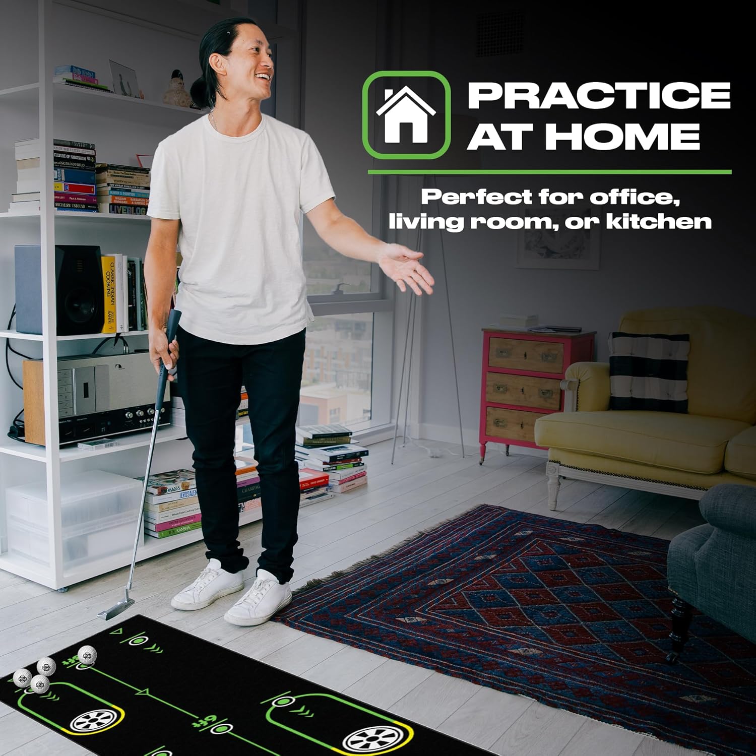 BACK 2 BASICS Golf Portable Putting Green Indoor Golf Putting Mat 10ft, Alignment Aid Trainer for Practice Indoor and Outdoor, Home or Office Compact Roll Target Gate Precision Control Tool