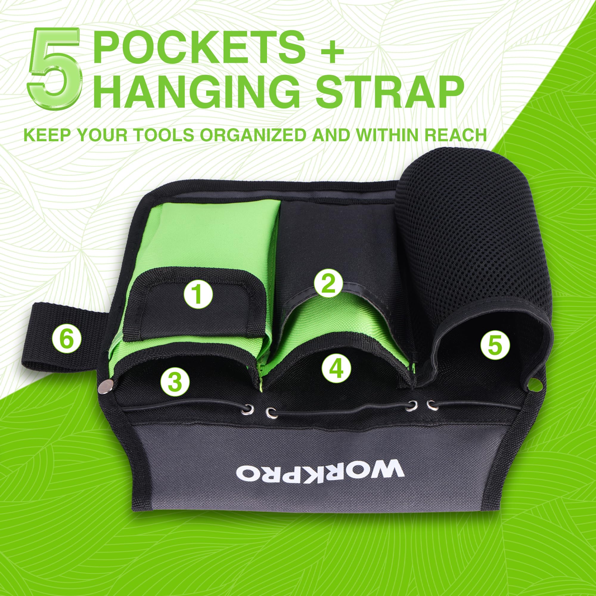 WORKPRO Tool Belt for Garden Tools 600D Oxford Multifunctional Belt with 5 Pockets, for Gardeners Electricians, Mechanics & DIYers - Image 4