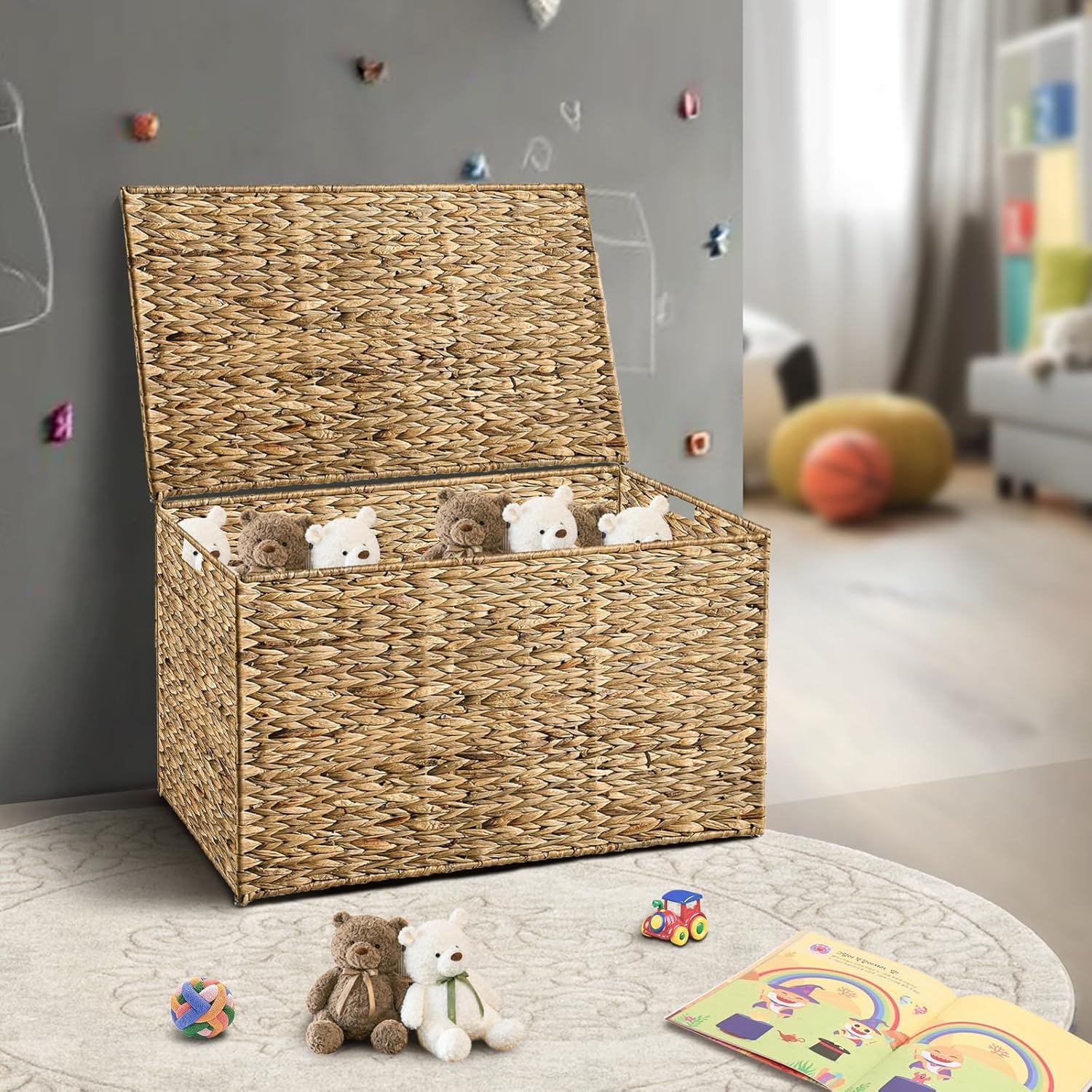 Water Hyacinth Storage Basket with Lid, 17.2 Gallon (65L) Wicker Storage Trunk with Handles, Handwoven Wicker Storage Bin for Blanket, Foldable, for Living Room, Laundry Room, Natural