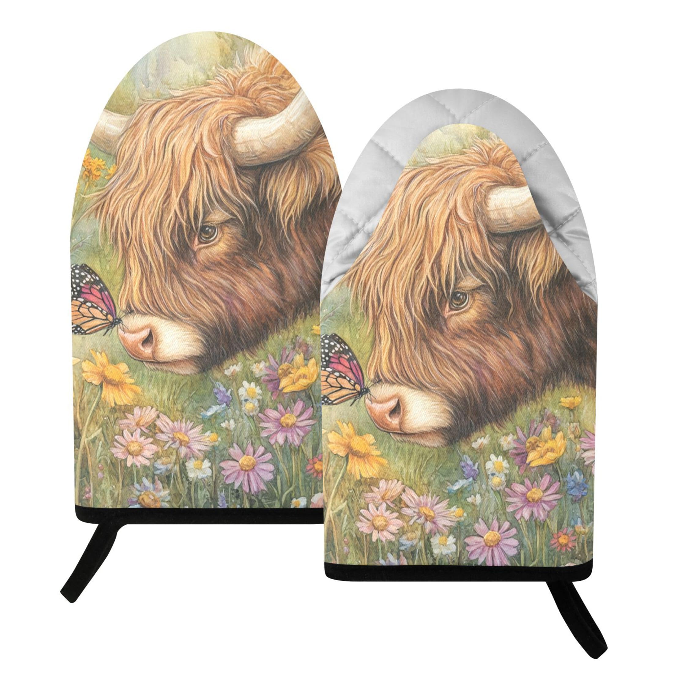 Fuauuyl Oven Mitts Heat Resistant Kitchen Gloves, Highland Cow Classic Oven Gloves with Hanging Loop for Baking BBQ Cooking Grilling, 1 Pair, 9.5 in