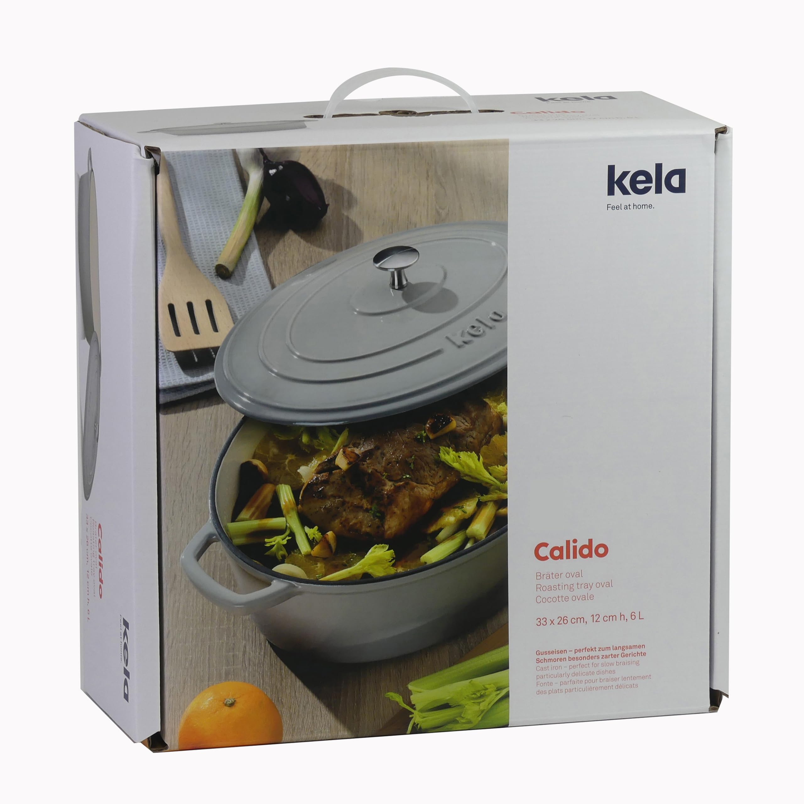 kela Bräter Gusseisen oval 9,3 Liter, Dutch Oven CALIDO, Induktion Gussbräter mit Deckel backofengeeignet, Gusseisen Topf emailliert, hellgrau