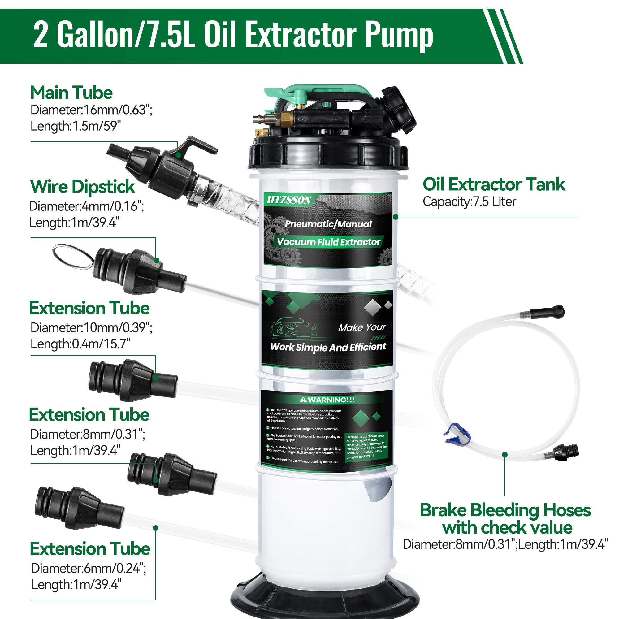Extractor de fluido neumático manual de 7,5 L, extractor de bomba de vacío con cambio de aceite con 4 tubos y una manguera de purga de frenos para automóviles, barcos