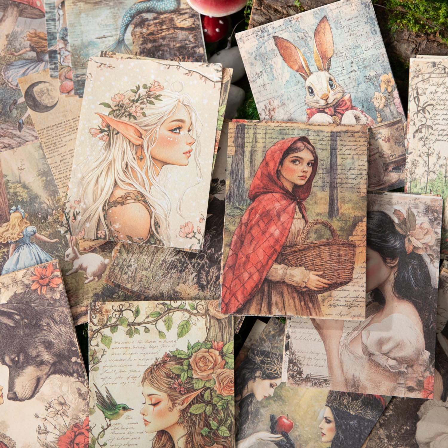 Zestaw papieru w stylu vintage, bajka, decoupage, 180 arkuszy, fantazyjna, kryptydowa, syrenka, pamiętnik księżniczki, efemerydy, zestaw do kolażu, dziennika śmieci, projektów artystycznych