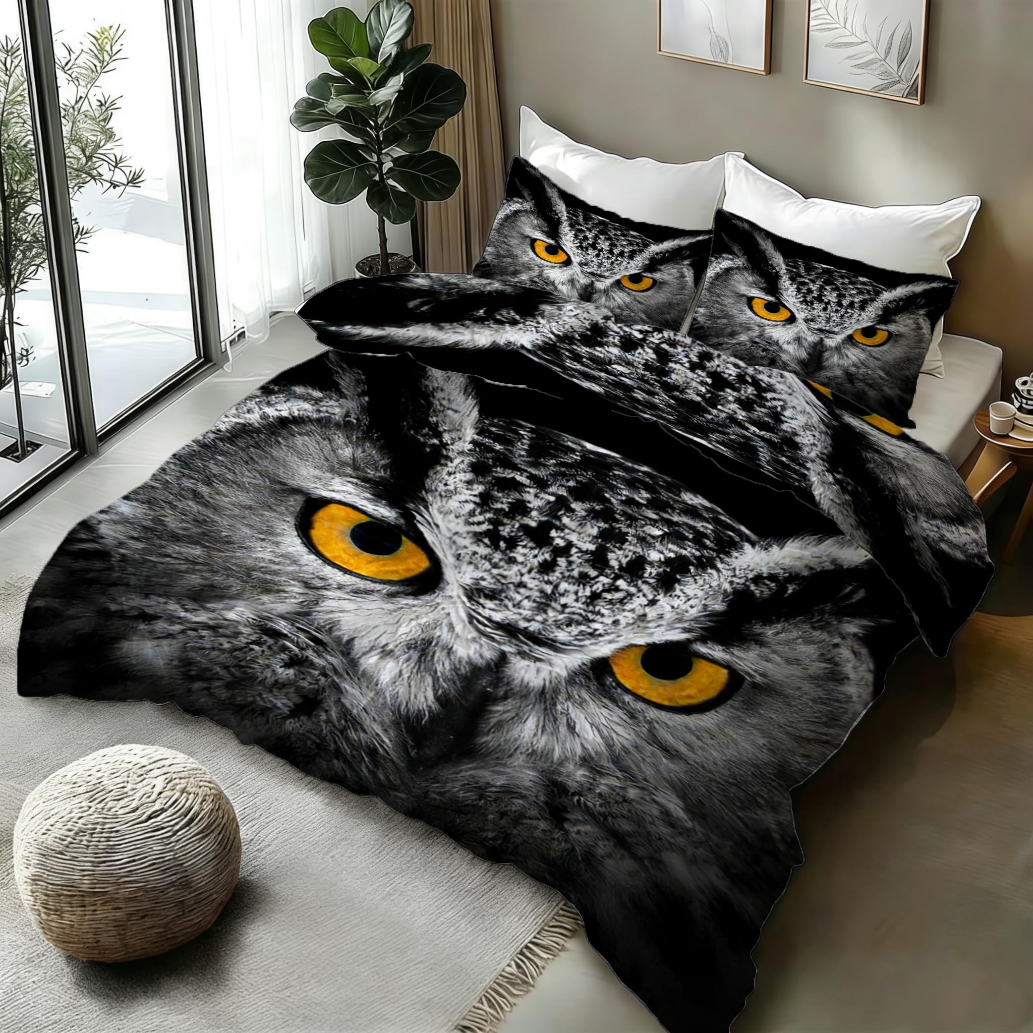 Housse de Couette 220x240 Hibou 3D avec 2 Taies d'Oreiller