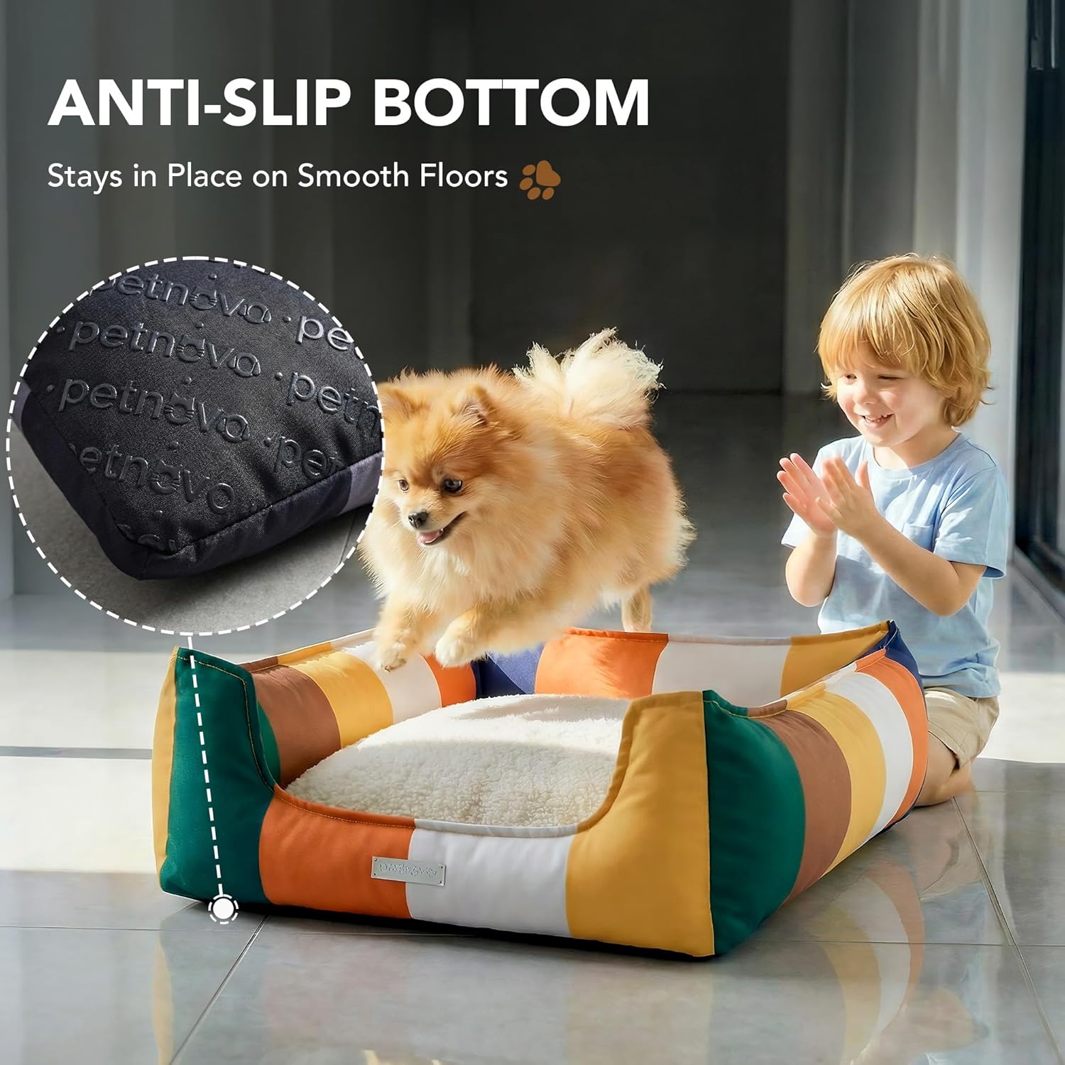 PETNOVO Dog Bed Small Dogs – Removable Washable Cover, Reversible Fleece Cushion, Non-Slip Bottom, Colorful Rainbow Pattern, Gift Box, 25.6 × 17.7 × 7.1 in