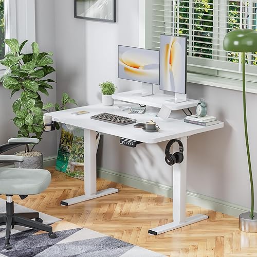 Miniatura 4 de Shahoo Escritorio eléctrico de pie con estante para monitor, mesa de esquina ajustable de altura de 63 x 27 pulgadas, estación de trabajo para