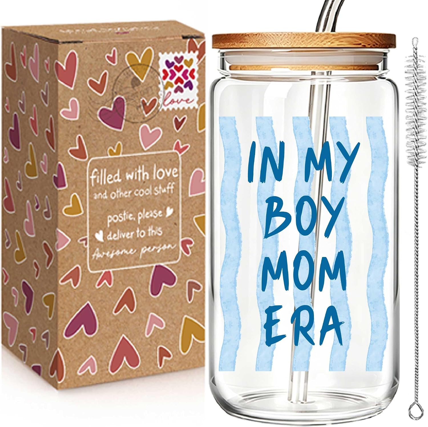 In My Boy Mom Era Glass Cup, 16oz with Bamboo Lid & Straw