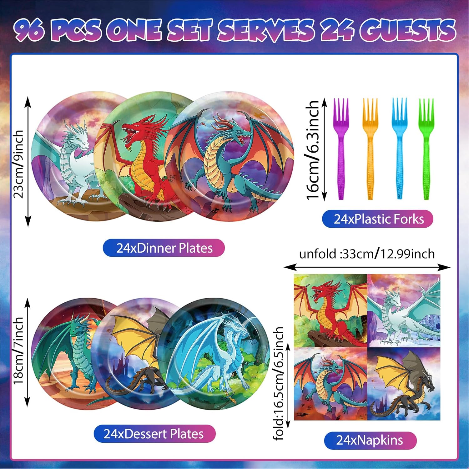 96PCS Dragon Birthday Party Supplies Fantasy Dragon Paper Plates and Napkins Watercolor Dragons Knight Tableware Party Decors for Kids Boys Baby Shower Dinosaur Dinnerware Favors for 24 Guest - Image 2