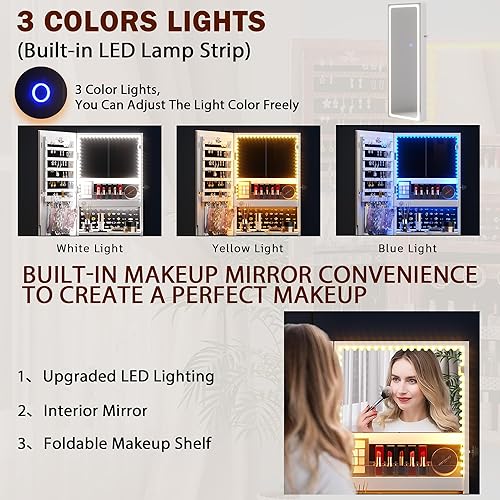 Miniatura 3 de Armario de joyería con espejo, espejo de longitud completa con almacenamiento, armario de joyería de montaje en puerta de pared con 3 luces de