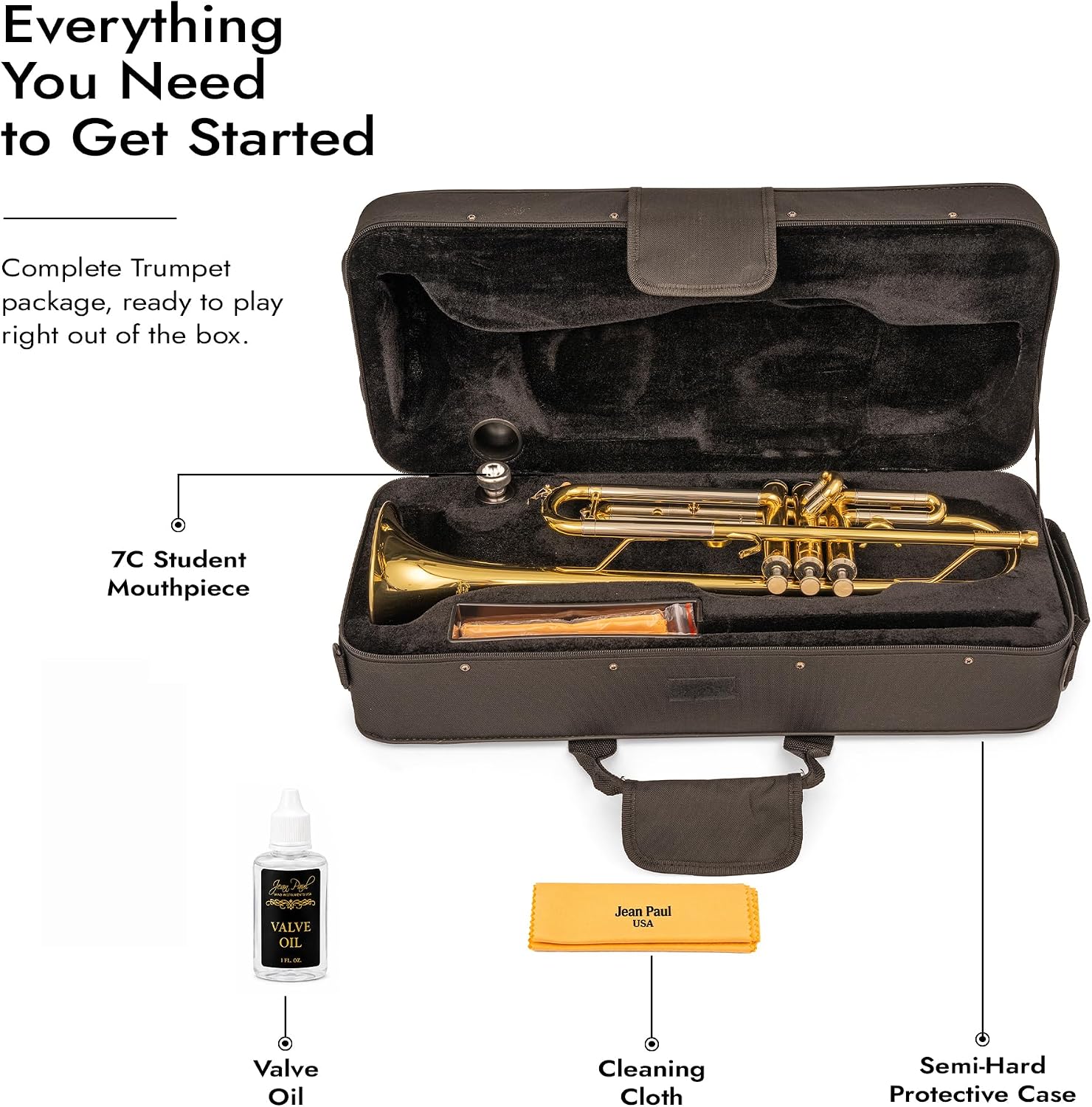 Jean Paul trumpet case open with 7C mouthpiece, valve oil and cleaning cloth laid out
